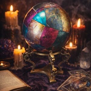 Vintage Brass Dragon Stand + Multicolor Gazing Orb | 8”